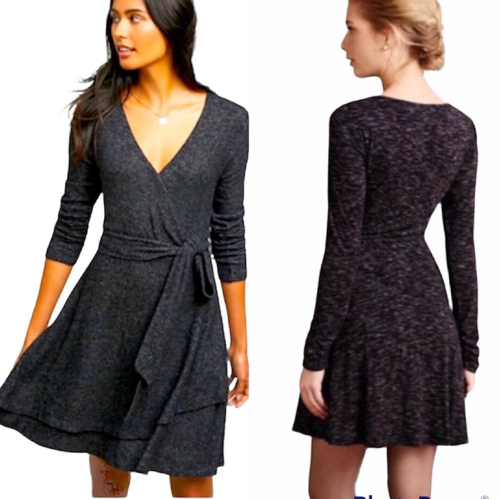 Anthropologie Saturday Sunday Gray Fit & Flare 3/4 Sleeve Faux Wrap Dress Small